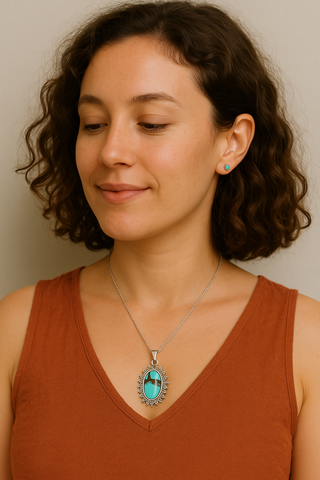 Green Blue Oval Tibetan TURQUOISE Sterling Silver 925 Gemstone Pendant