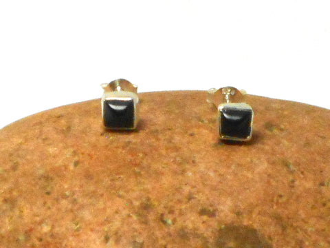 Small Square  Black Onyx Sterling Silver Stud Earrings 925 - 4 mm