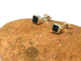 Small Square  Black Onyx Sterling Silver Stud Earrings 925 - 4 mm