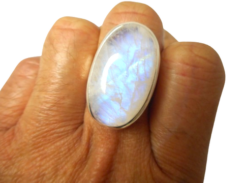 Chunky Fiery Oval Moonstone Sterling Silver 925 Gemstone Statement Ring