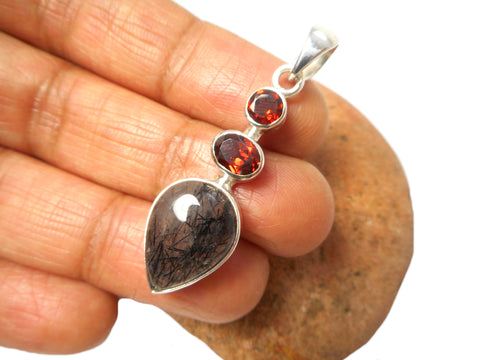 Garnet with Rutile Quartz Sterling Silver 925 Gemstone Pendant