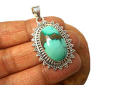 Green Oval Tibetan TURQUOISE Sterling Silver 925 Gemstone Pendant