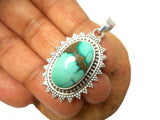 Green Oval Tibetan TURQUOISE Sterling Silver 925 Gemstone Pendant