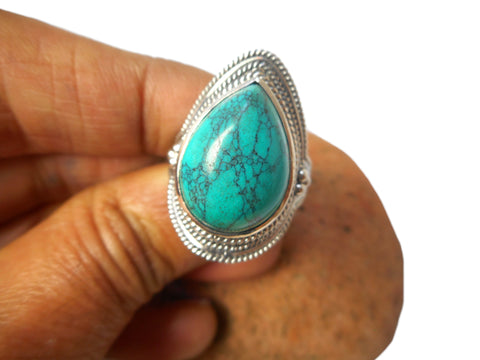 Chunky Blue Oval Tibetan TURQUOISE Sterling Silver 925 Oval Gemstone Ring
