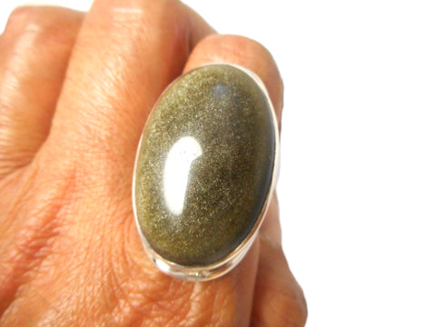 Golden Sheen Obsidian Sterling Silver 925 Gemstone Statement Ring