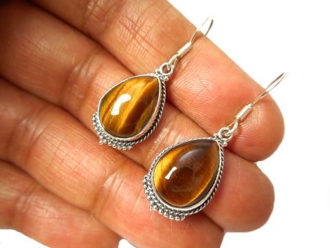 Tigers Eye Dangle Earrings – Sterling Silver Vintage Boho Style • Gemstone Jewelry • Chakra Gift