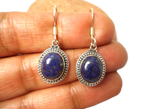 Blue LAPIS LAZULI Sterling Silver Gemstone Dangle Boho Vintage Earrings 925