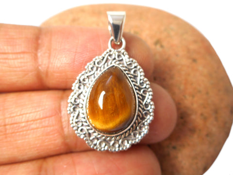 Tigers Eye Pendant – Sterling Silver Vintage Boho Style • Gemstone Jewelry • Chakra Gift