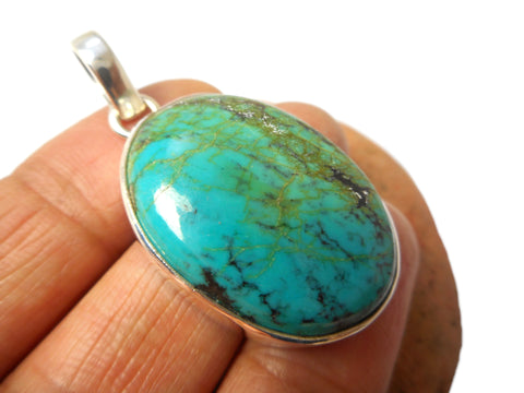 Large Tibetan Turquoise Pendant – Natural Blue Green Gemstone Sterling Silver Boho Statement Necklace • Handcrafted Artisan Jewellery