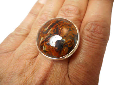 Large Chunky Round Pietersite Sterling Silver 925 Gemstone Ring - Size: R / 9