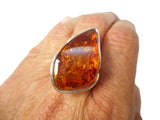 Large Adjustable Chunky AMBER Sterling Silver 925 Gemstone Ring