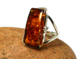 Large Adjustable Chunky Rectangular AMBER Sterling Silver 925 Gemstone Ring