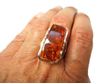 Large Adjustable Chunky Rectangular AMBER Sterling Silver 925 Gemstone Ring