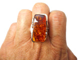 Large Adjustable Chunky Rectangular AMBER Sterling Silver 925 Gemstone Ring