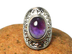 Large Chunky Oval Amethyst Sterling Silver 925 Gemstone Ring - Size Q / 8