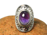 Large Chunky Oval Amethyst Sterling Silver 925 Gemstone Ring - Size Q / 8