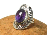 Large Chunky Oval Amethyst Sterling Silver 925 Gemstone Ring - Size Q / 8