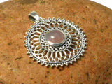 Mandala Round Pink Rose Quartz Sterling Silver 925 Gemstone Pendant