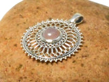 Mandala Round Pink Rose Quartz Sterling Silver 925 Gemstone Pendant