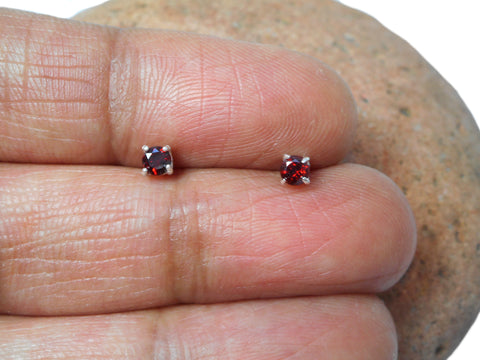 Small Round Red GARNET Sterling Silver 925 Stud Earrings - 3 mm