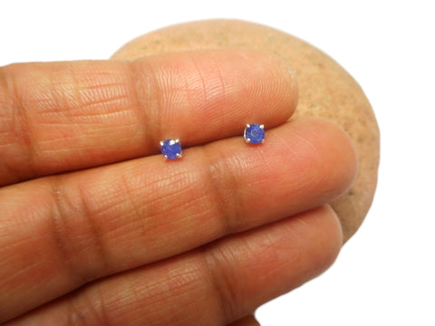Small Blue Round SAPPHIRE Sterling Silver Stud Earrings 925 - 3 mm