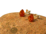 Cognac AMBER Sterling Silver Gemstone teardrop Stud Earrings 925 - 8 x 10 mm
