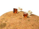 Cognac AMBER Sterling Silver Gemstone Square Stud Earrings 925 - 6 x 6 mm