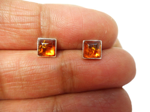 Cognac AMBER Sterling Silver Gemstone Square Stud Earrings 925 - 6 x 6 mm