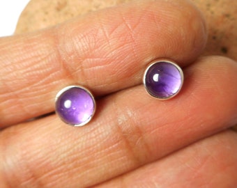Round Purple AMETHYST  Sterling Silver Gemstone Stud Earrings 925 - 7 mm