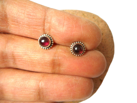 Round Red GARNET Sterling Silver Stud Earrings - 5 mm
