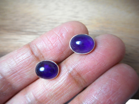 Purple AMETHYST Oval Sterling Silver Stud Earrings 925