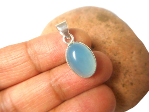 Oval Blue CHALCEDONY Sterling Silver 925 Gemstone Pendant