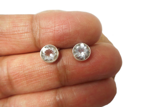 Round Aquamarine Sterling Silver 925 Gemstone Stud Earrings - 6 mm