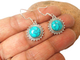 Round Blue TURQUOISE Sterling Silver 925 Gemstone Dangle Drop Earrings