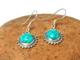Round Blue TURQUOISE Sterling Silver 925 Gemstone Dangle Drop Earrings