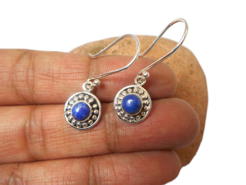 Round Blue LAPIS LAZULI Sterling Silver Gemstone Drop Dangle Earrings 925