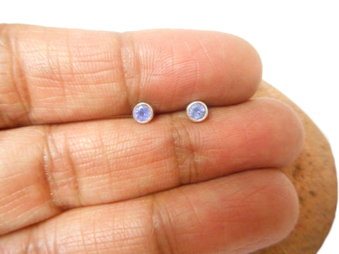 Small Blue Round TANZANITE Sterling Silver 925 Gemstone Stud Earrings - 3 mm