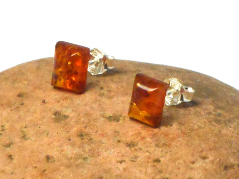 Rectangular Shaped AMBER Sterling Silver Gemstone Stud Earrings 925  - 7 x 9 mm