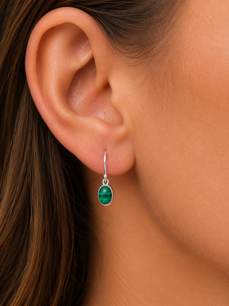 Green Oval MALACHITE Sterling Silver 925 Gemstone Drop Dangle Earrings