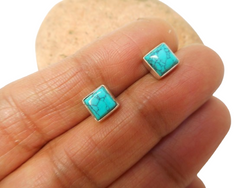 Blue Square TURQUOISE Sterling Silver 925 Gemstone Stud Earrings -  6mm