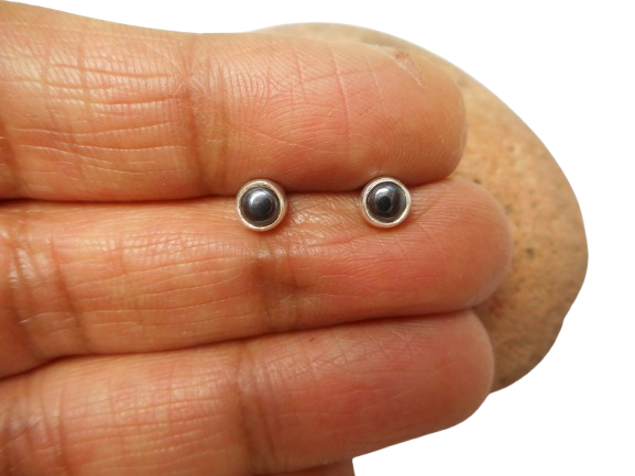 Small Round Hematite Sterling Silver Gemstone Stud Earrings 925 - 4 mm