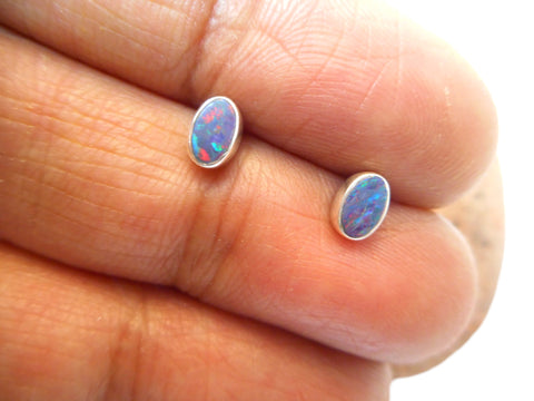 Small  Australian Opal Sterling Silver 925 Gemstone Stud Earrings- 3 x 5 mm
