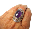 Large Chunky Oval Amethyst Sterling Silver 925 Gemstone Ring - Size Q / 8