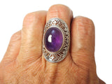 Large Chunky Oval Amethyst Sterling Silver 925 Gemstone Ring - Size Q / 8
