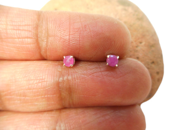 Small Pink Round Shaped RUBY Sterling Silver 925 Gemstone Stud Earrings - 3 mm