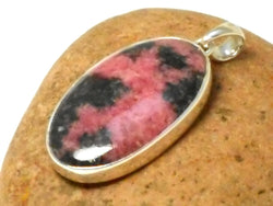 Large Pink Oval RHODONITE Sterling Silver 925 Gemstone Pendant