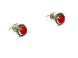 Red Round CORAL Sterling Silver Stud Earrings 925