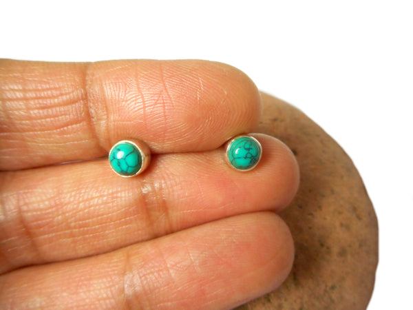 Round Shaped Blue Green TURQUOISE Sterling Silver 925 Gemstone Stud Earrings - 5 mm