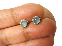Round Green / Blue Aqua CHALCEDONY Sterling Silver 925 Gemstone Stud Earrings