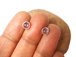 Natural Round Pink Tourmaline Gemstone Sterling Silver 925 Stud Earrings - 5 mm